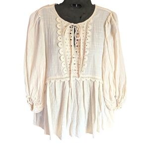 Max Studio Top Womens M Boho Cottagecore Crochet Lace Tie Puff Sleeve Victorian